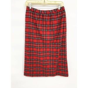 Vintage 70s Prestige Red Plaid Wool Midi Skirt Size 14 Made in the USA